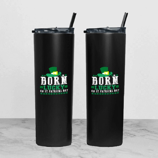 Born Lucky on St Patricks Day Birthday Toddler Tumbler With Lid And Straw