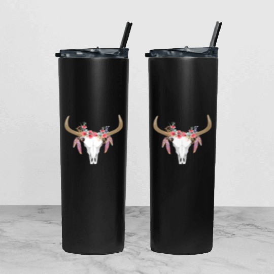 Floral Cow Skull With Feathers Bull Skull Tumbler With Lid And Straw