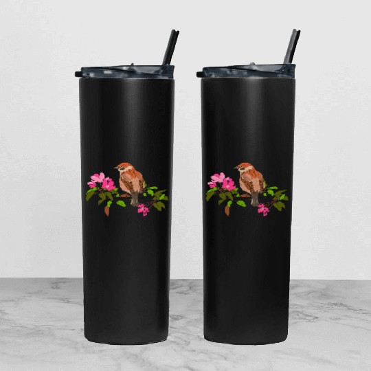 Sparrow on a branch pink flowers of an apple tree Tumbler With Lid And Straw