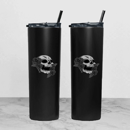 Black Skull Roses Aesthetic Goth Gothic Tumbler With Lid And Straw