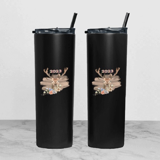 Brown Beige Watercolor Illustrated Deer Tumbler With Lid And Straw