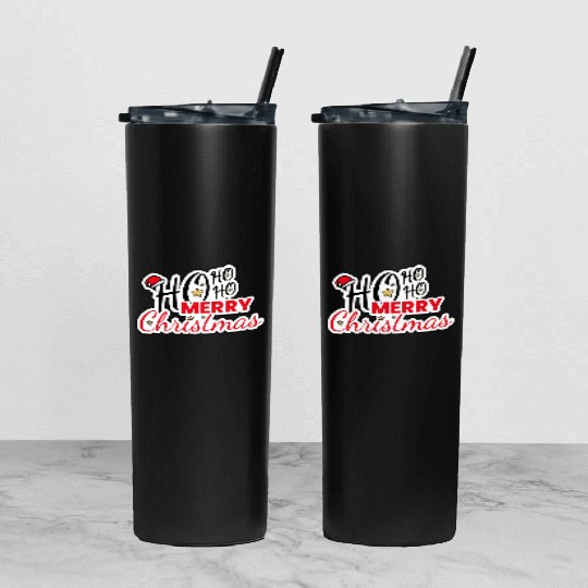 Ho HO HO Merry Christmas Santa Text Design Tumbler With Lid And Straw