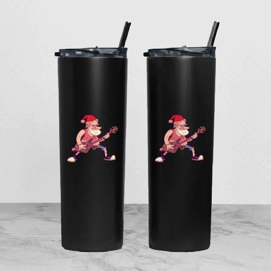 Bass Guitar Player Santa Claus Bass Guitarist Sant Tumbler With Lid And Straw