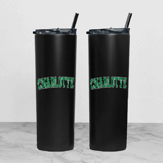 Charlotte Varsity Style Green Text Tumbler With Lid And Straw