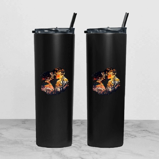 Sweet Couple's Tender Embrace, Valentine's Tumbler With Lid And Straw