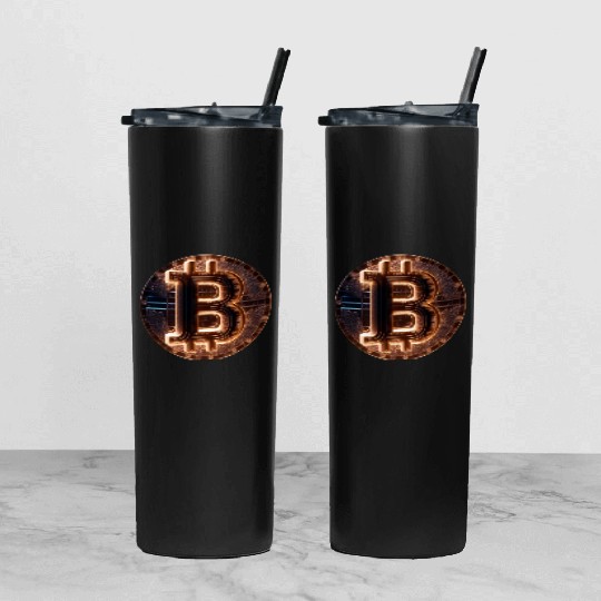 Bitcoin Gold logo Fire futuristic neon light Tumbler With Lid And Straw