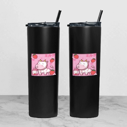 Kawaii Pink Strawberry Cow Milk Shake Otaku Anime Tumbler With Lid And Straw