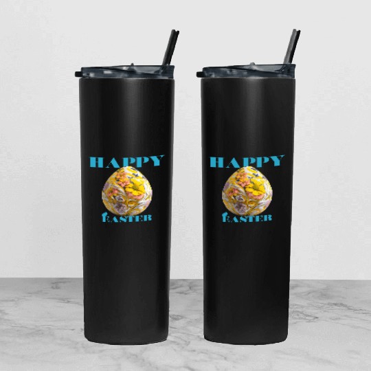 Happy Easter Egg Design with Floral Elements Tumbler With Lid And Straw