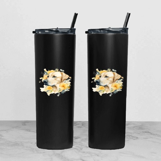 Yellow Lab Dog Watercolor Floral Tumbler With Lid And Straw