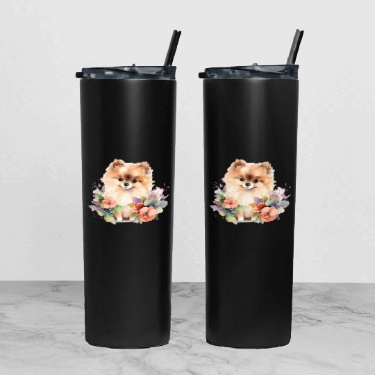 Pomeranian Dog Watercolor Floral Tumbler With Lid And Straw