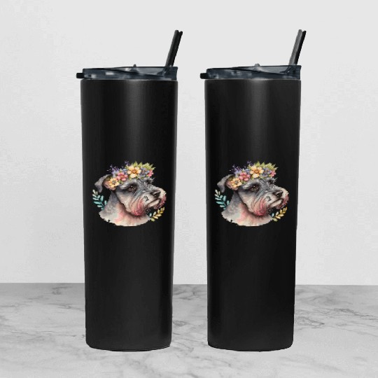 Cute Miniature Schnauzer Flower Crown Pet Dog Flor Tumbler With Lid And Straw