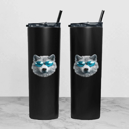 Grey Wolf Wearing Blue Sunglasses Wildlife Animal Tumbler With Lid And Straw