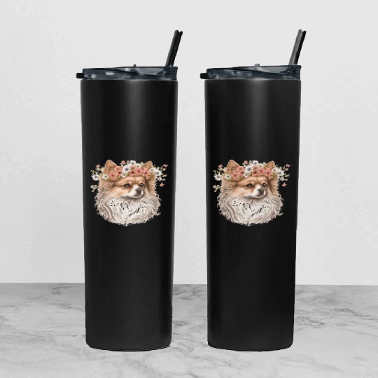 Cute Pomeranian Pom Flower Crown Pet Dog Breed Flo Tumbler With Lid And Straw