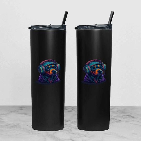 Cute Rottweiler Dog Wearing Headset for Gamer Tumbler With Lid And Straw