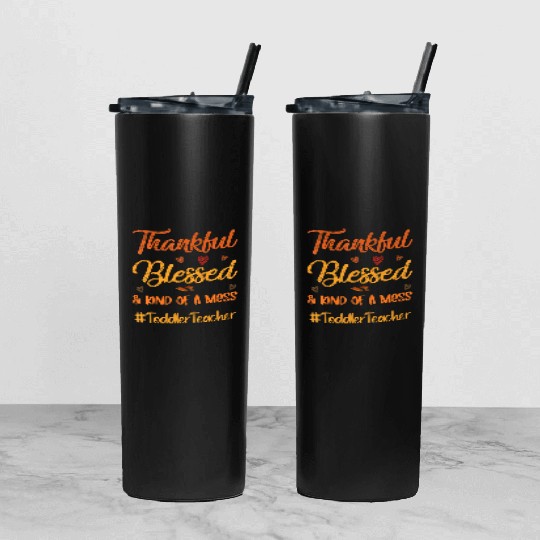 Toddler Teacher Thankful Blessed Thanksgiving Tumbler With Lid And Straw