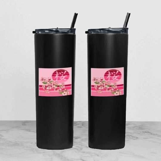 Cherry Blossom Tumbler With Lid And Straw, Sakura Flowers Kanji Pocket
