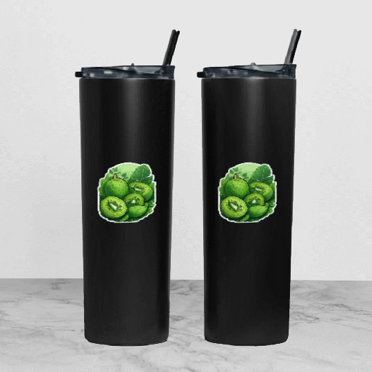 Green Kiwi Pattern Sticker Tumbler With Lid And Straw