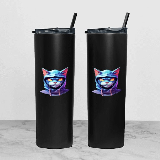 Bold Pastel Prowler: Ninja Cat's Sublime Ferocity Tumbler With Lid And Straw