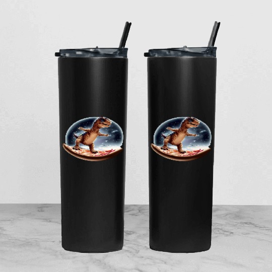 Dinosaurs on pizza through space Tumbler With Lid And Straw