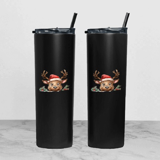 Christmas watercolor Reindeer Tumbler With Lid And Straw