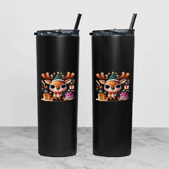 Cute Reindeer Merry Christmas Gift Happy Holidays Tumbler With Lid And Straw