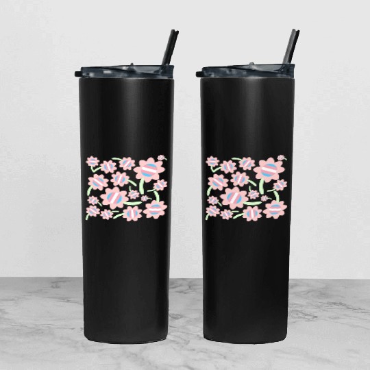 Transgender Pride Flag Flower Pattern Tumbler With Lid And Straw
