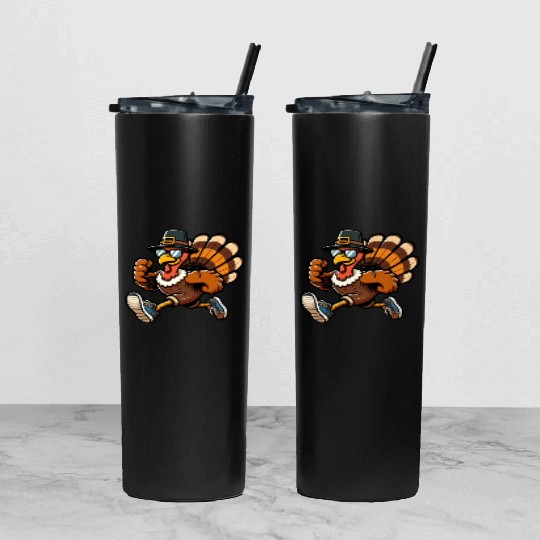 Running Turkey- Turkey Trot Running Thanksgiving Tumbler With Lid And Straw