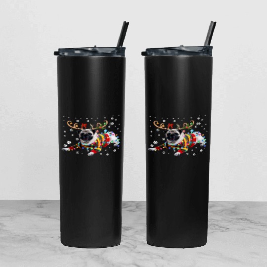 Funny Pug Dog Christmas Reindeer Christmas Lights Tumbler With Lid And Straw