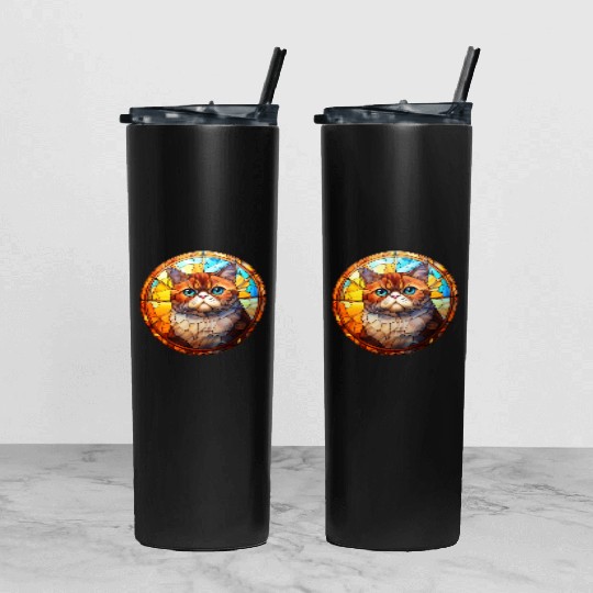 Exotic Shorthair cat in stained glass Tumbler With Lid And Straw