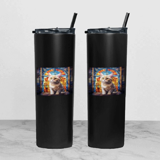 British Shorthair kitten in stained glass Tumbler With Lid And Straw