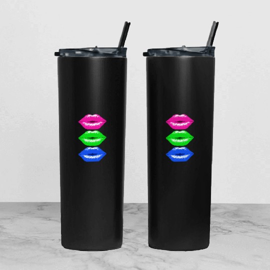 3 Kissing Lips Neon Colors Tumbler With Lid And Straw