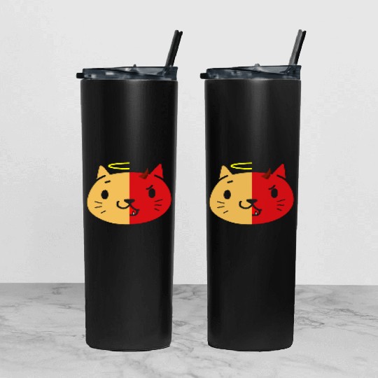 Two Face Cat Angel And Devil Tumbler With Lid And Straw
