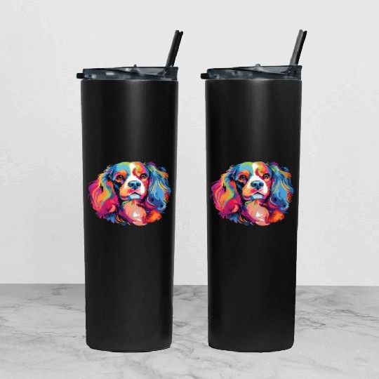 Watercolor Colorful Cavalier King Charles Spaniel Tumbler With Lid And Straw