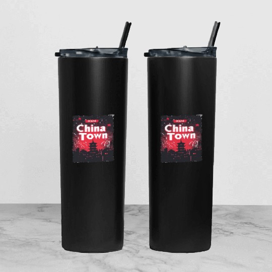 ChinaTown Ignites: Synthwave Red & Black Shiluette Tumbler With Lid And Straw