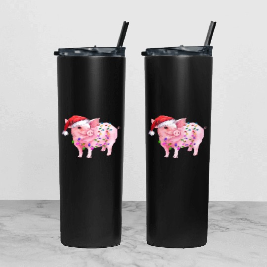 Pig Christmas Light Tumbler With Lid And Straw