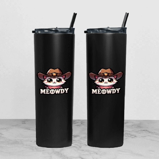 Cute Meowdy Cat Cowboy Pun Tumbler With Lid And Straw