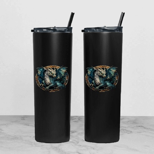 Cerulean Coil: The Stained Glass Dragon Tumbler With Lid And Straw