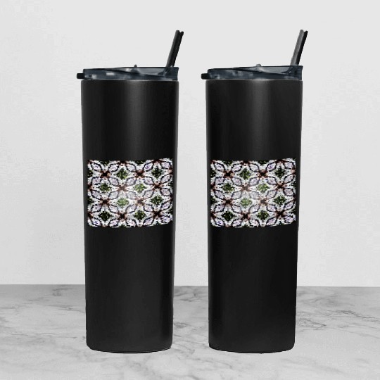 stained glass print in greens and roses Tumbler With Lid And Straw