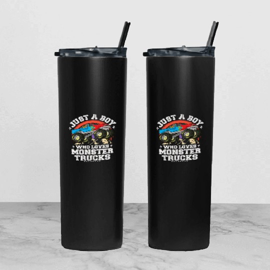 Just A Boy Who Loves Monster Trucks Toddler Kids Tumbler With Lid And Straw