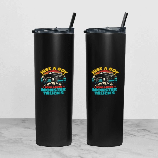 Just A Boy Who Loves Monster Trucks Toddler Kids Tumbler With Lid And Straw