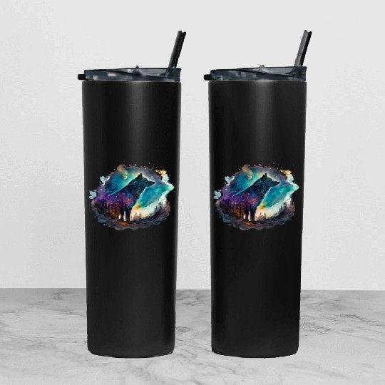 Wolf Print, Cosmic Wolves, Animal Print, Cosmos Tumbler With Lid And Straw