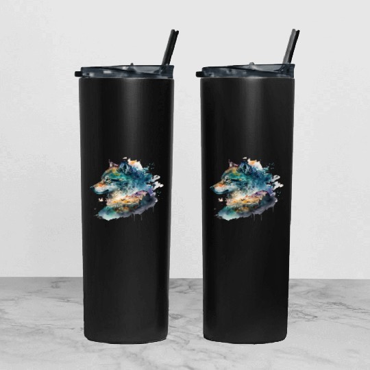 Wolf Print, Cosmic Wolves, Animal Print, Cosmos Tumbler With Lid And Straw