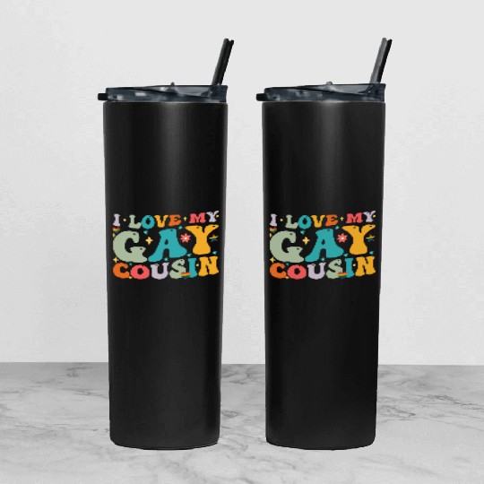 I Love My Gay Cousin Family LGBTQ Pride Groovy Tumbler With Lid And Straw