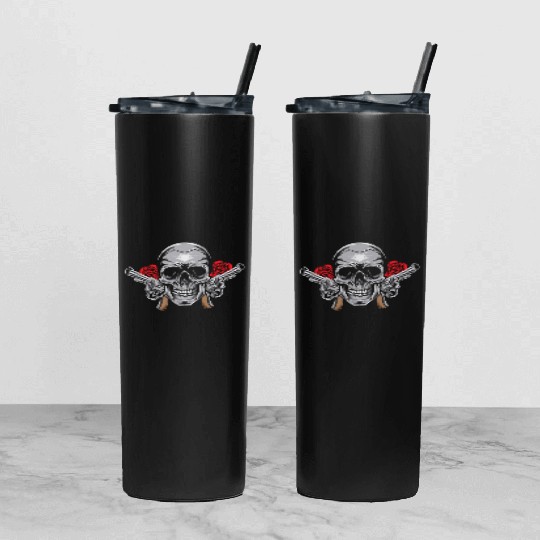 Skeleton Roses Guitar Skull Roses Guns Tumbler With Lid And Straw