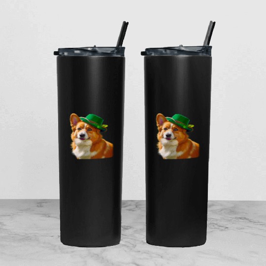 majestic Welsh Corgi dog with Irish Hat Tumbler With Lid And Straw