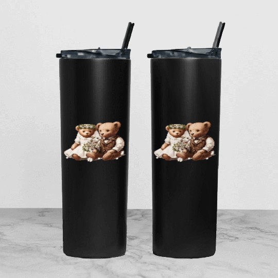 Vintage wedding: teddy bear bride and groom Tumbler With Lid And Straw