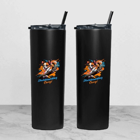 Skateboarding Corgi Adventure Tumbler With Lid And Straw