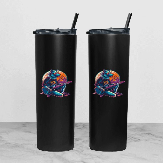 Blue Wolf Moon Guitar Player Retro Sunglasses Tumbler With Lid And Straw