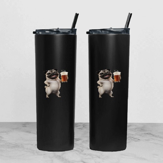 Pug Drinking Beer Realistic Tumbler With Lid And Straw