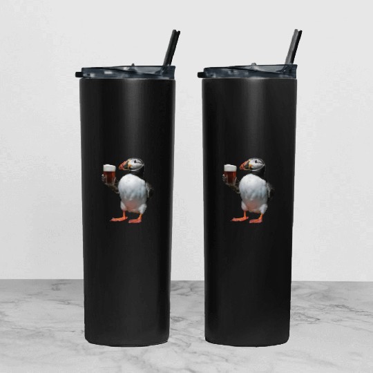 Atlantic Puffin Drinking Beer Realistic Tumbler With Lid And Straw